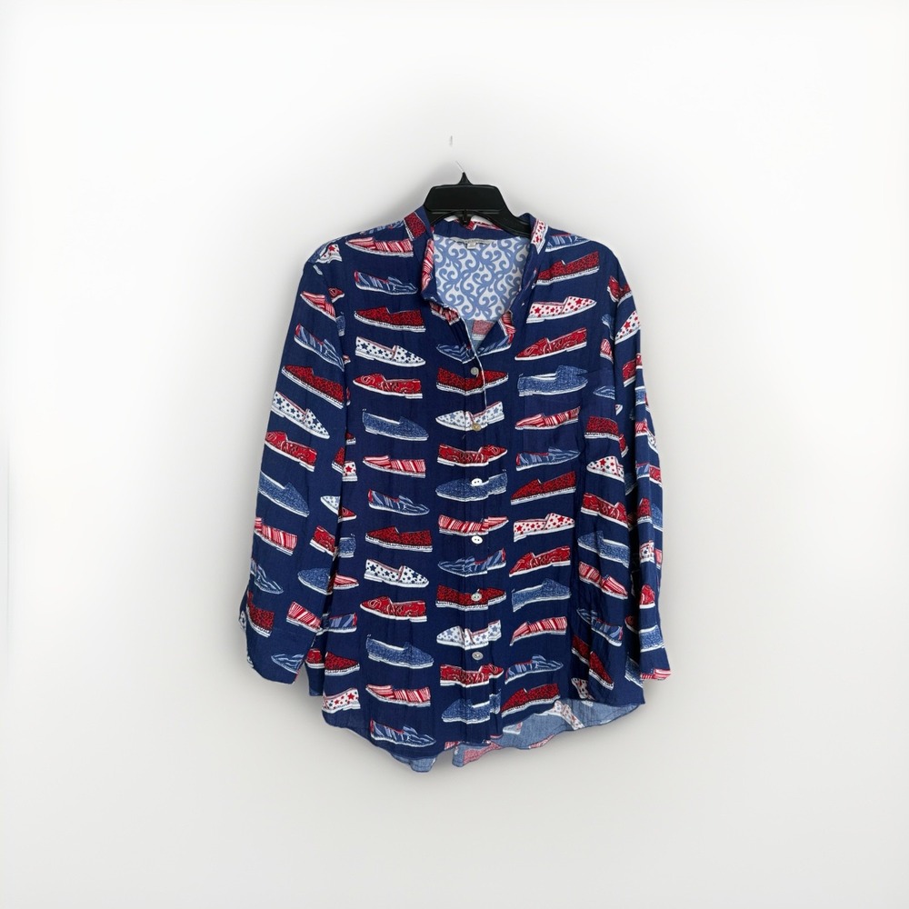 John Mark Multi Canvas Shoe Tunic Top Women's Size XL Button Front Boho
